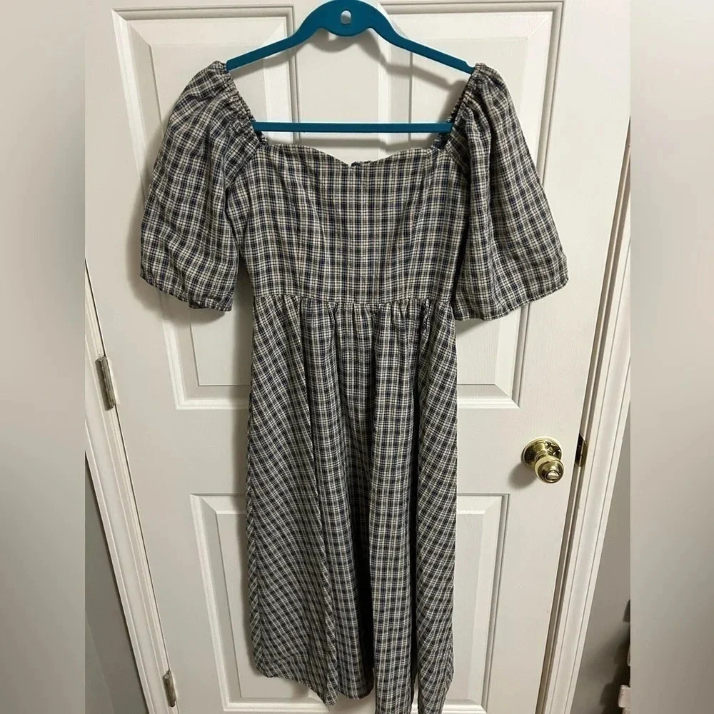 dRA Los Angeles Puffy Sleeve Plaid Midi‎ Dress Sweetheart Neckline Smocked Small